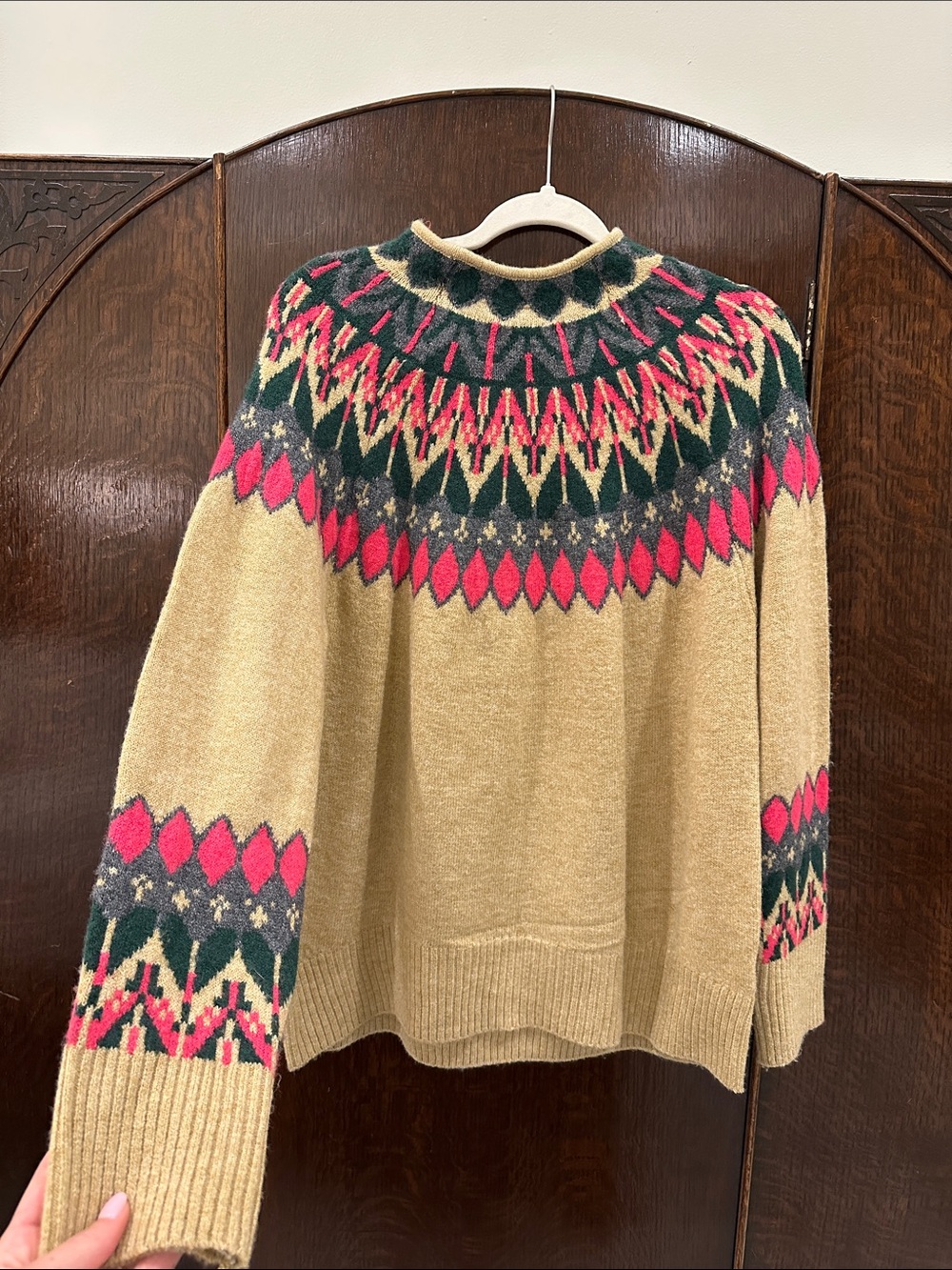 CeCe Beige Turtleneck Sweater with Pink & Dark Green Fair Isle Yoke